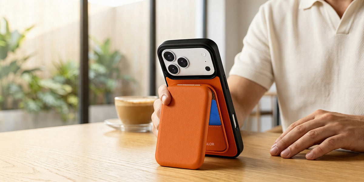 Orange CORTAILOR MagSafe leather wallet stand and matching iPhone case
