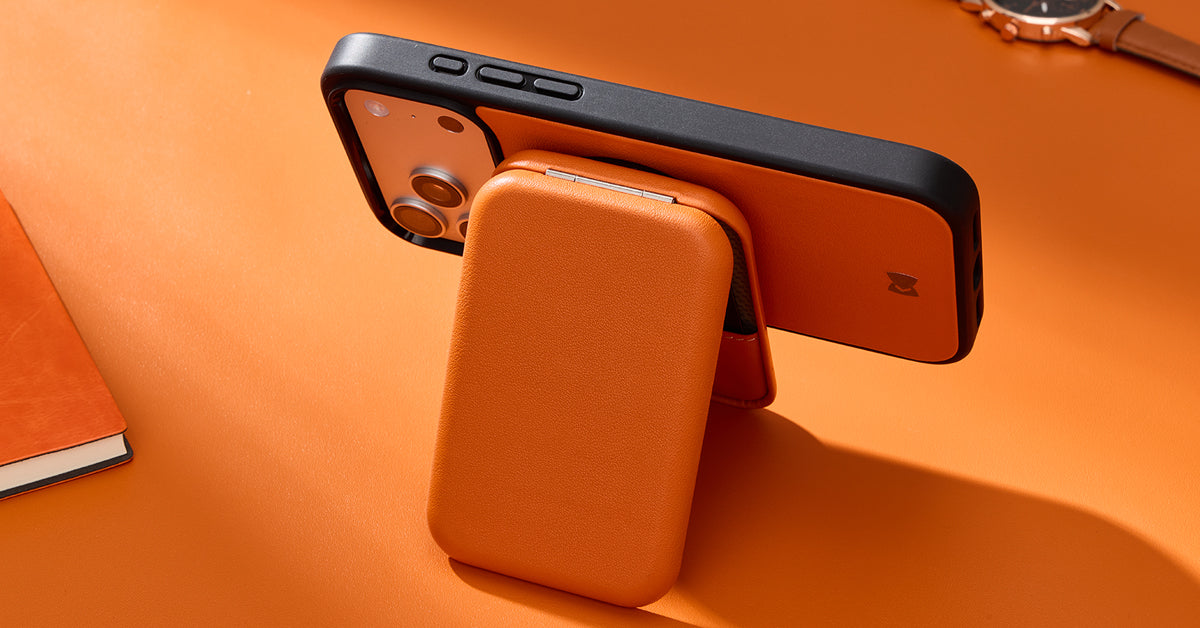 CORTAILOR MagSafe leather wallet opened as a landscape phone stand