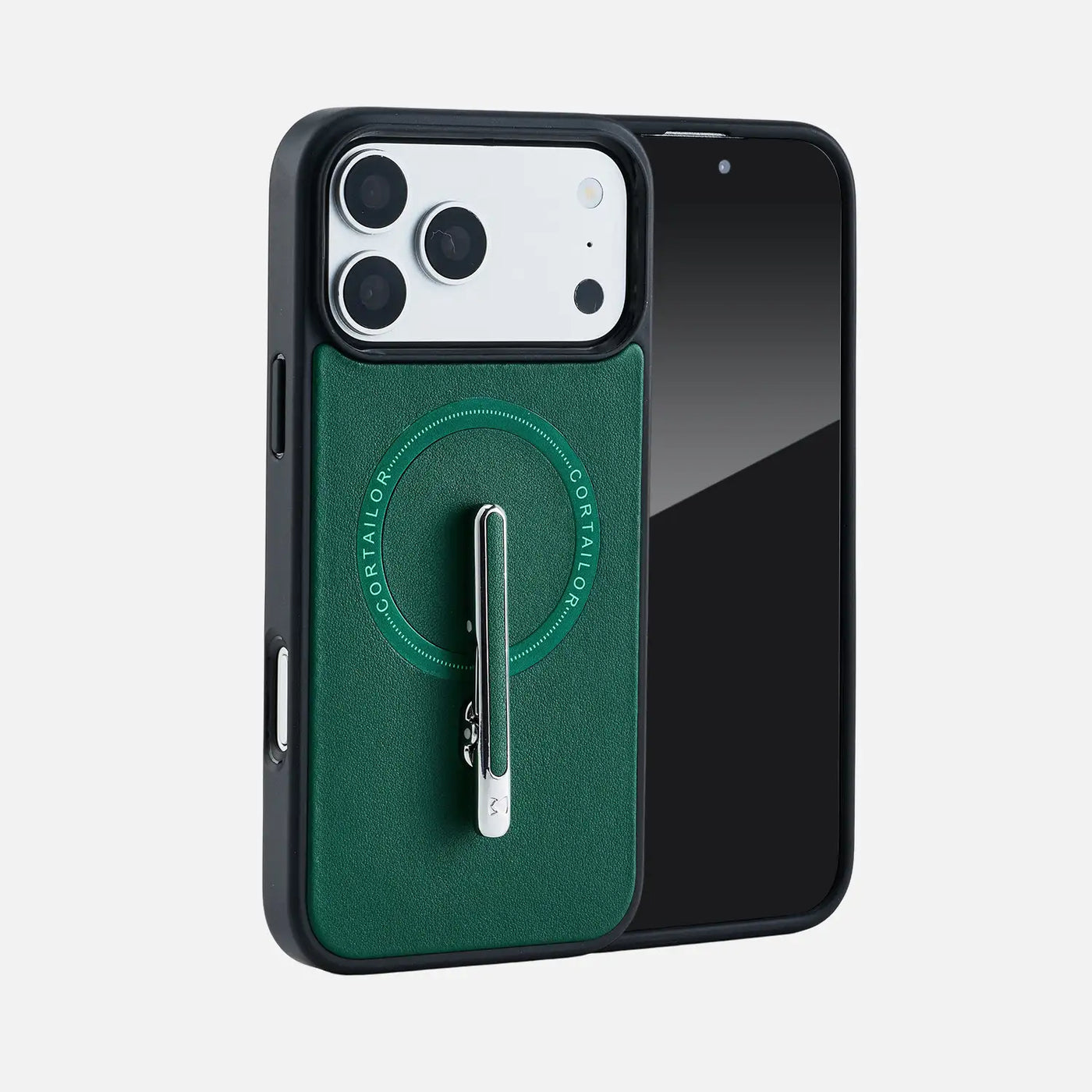 Orange CORTAILOR MagSafe Leather Wallet Stand attached to a black iPhone case with the fold-out stand open