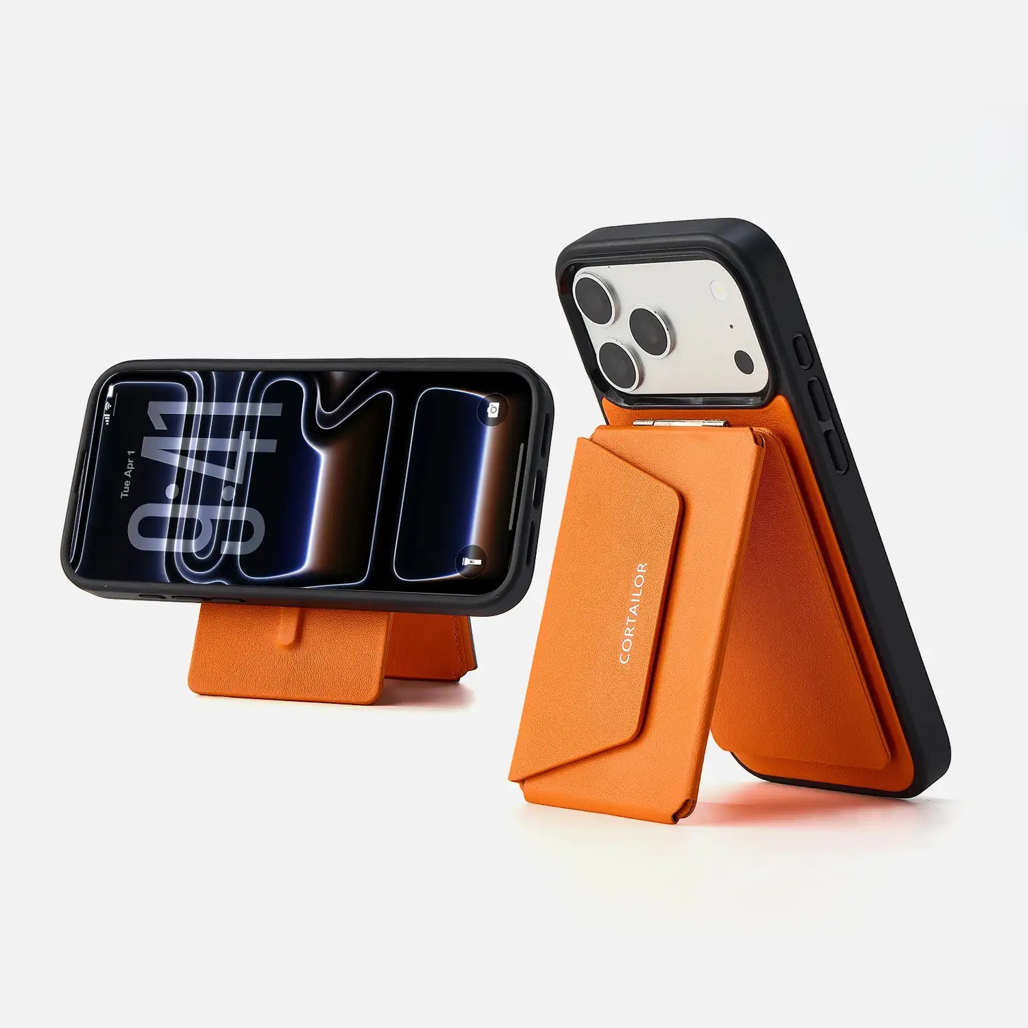 Orange MagSafe leather snap wallet paired with a matching leather iPhone case