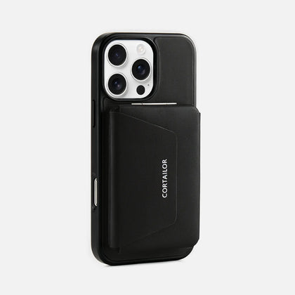 Black CORTAILOR MagSafe wallet stand and leather iPhone case set rear view