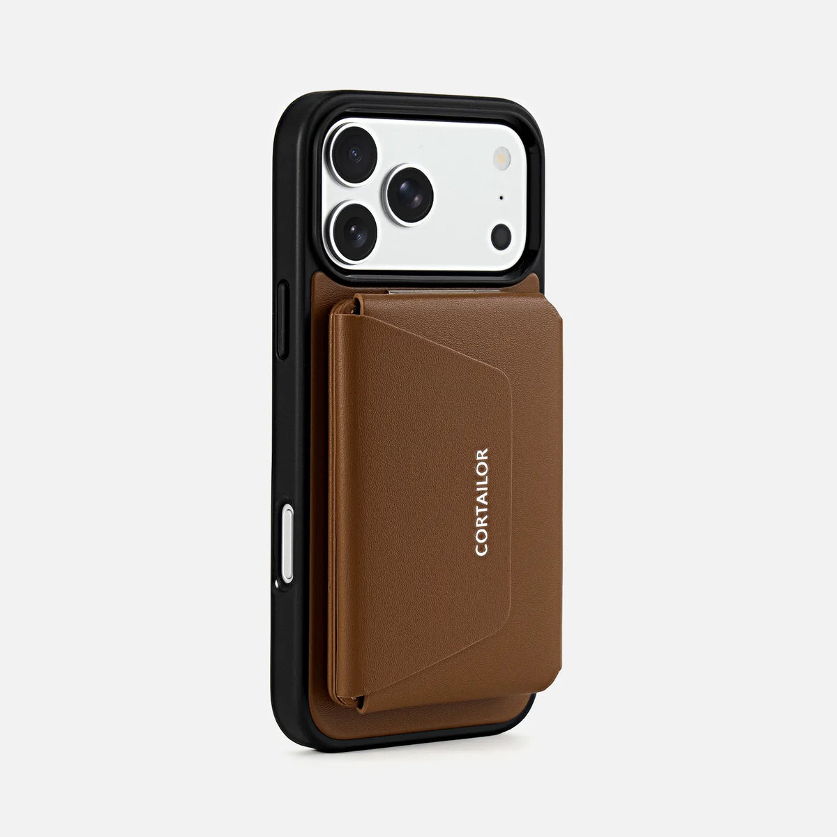 Brown CORTAILOR MagSafe Leather Wallet Stand attached to a MagSafe-compatible iPhone case in landscape setup