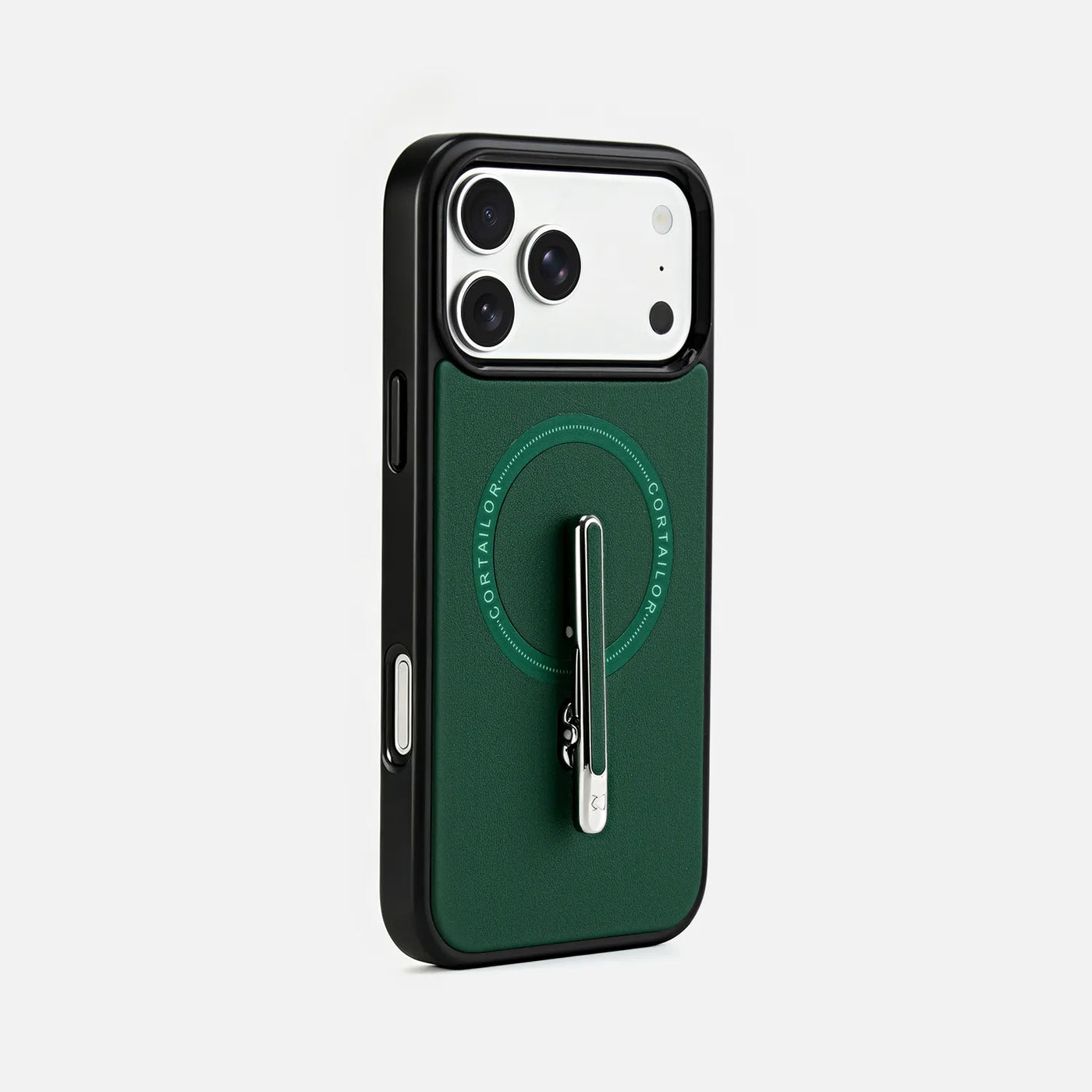 Orange CORTAILOR MagSafe Leather Wallet Stand attached to a black iPhone case with the fold-out stand open