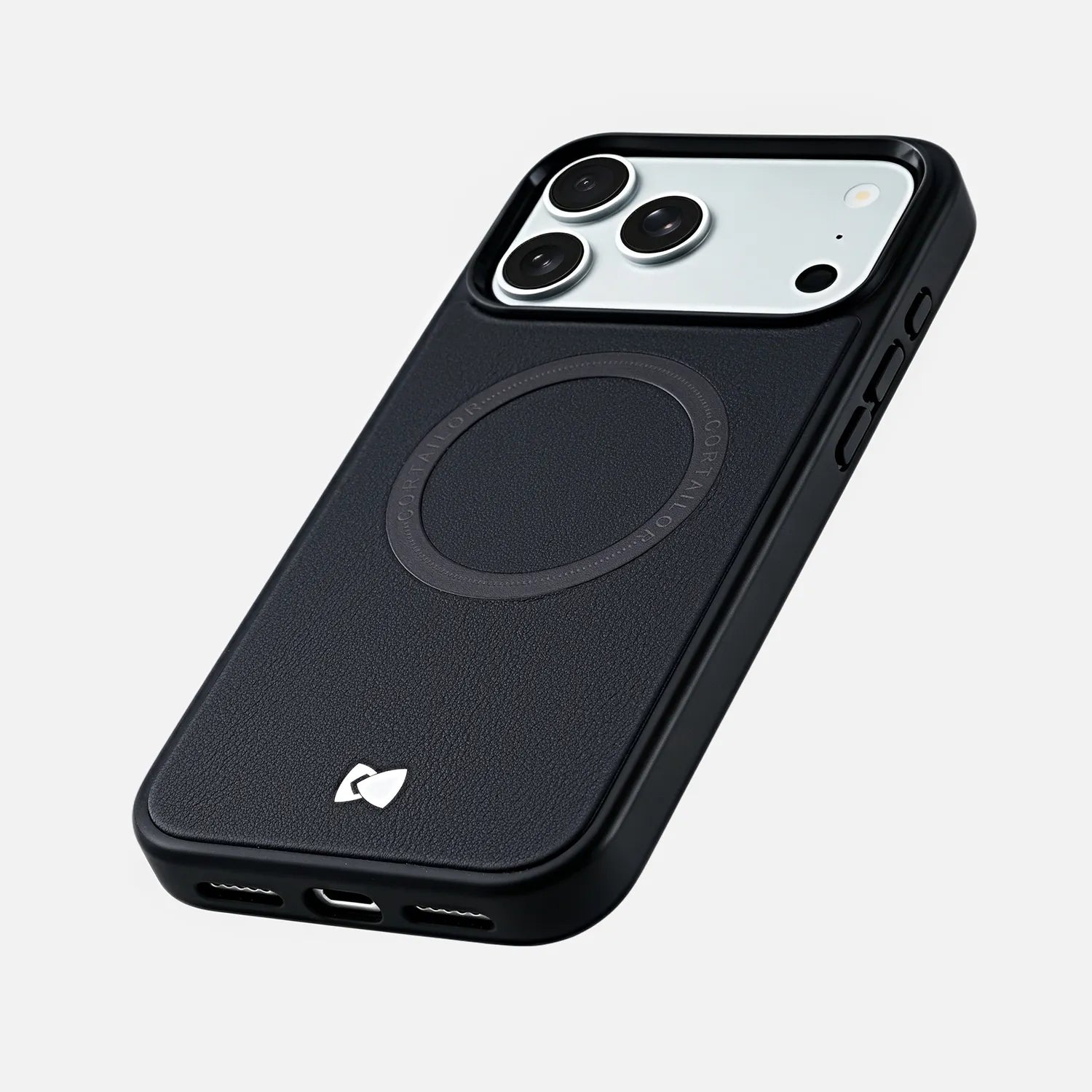 Black CORTAILOR MagSafe leather iPhone case in an angled studio product shot with MagSafe ring detail