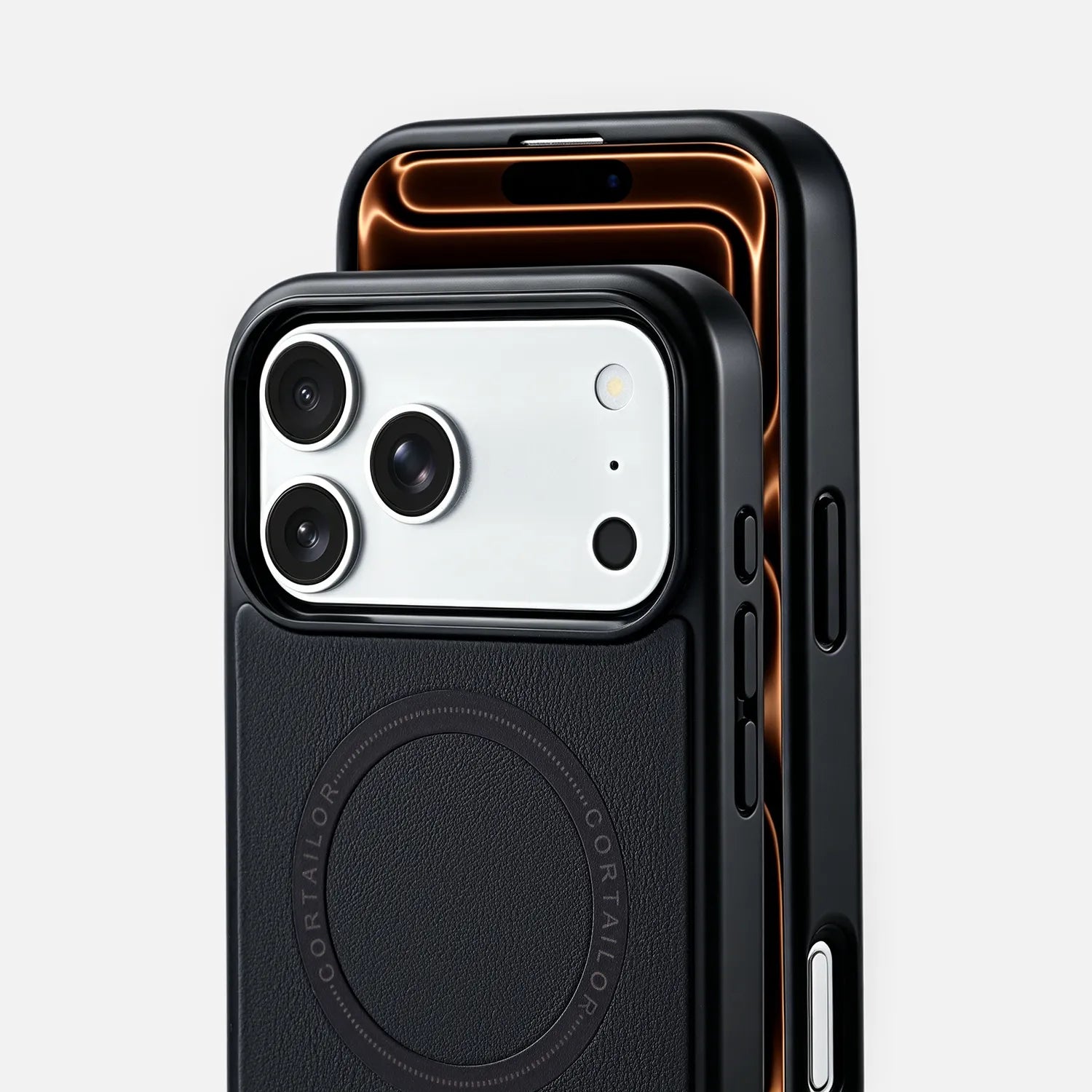 Black CORTAILOR MagSafe leather iPhone case shown on two iPhones from front and back views
