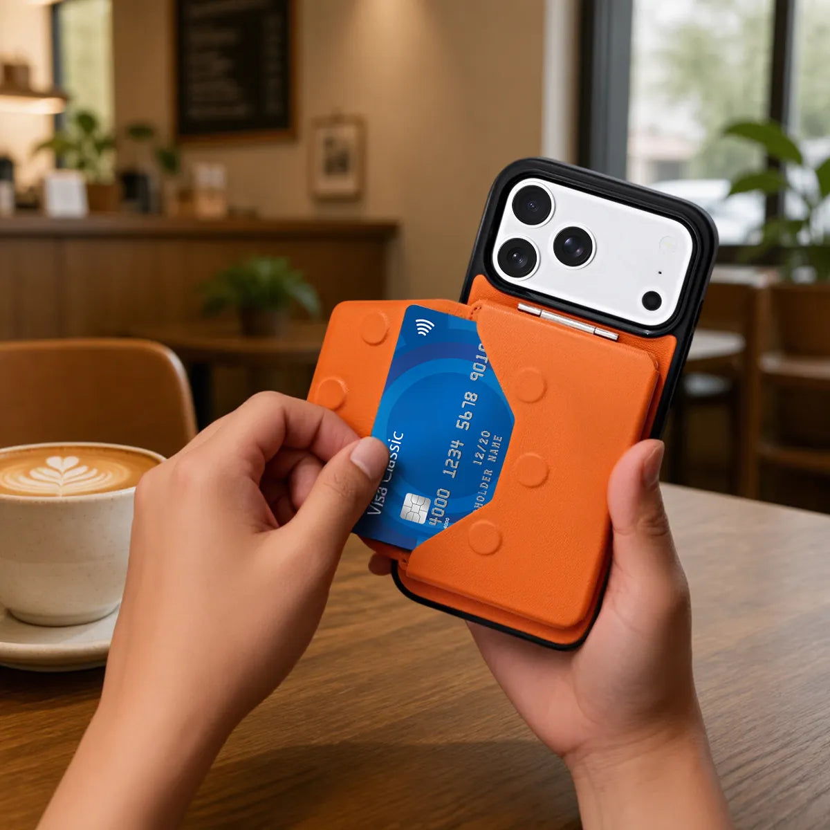 Orange CORTAILOR MagSafe Leather Wallet Stand attached to an iPhone case while a card is being pulled out in a cafe