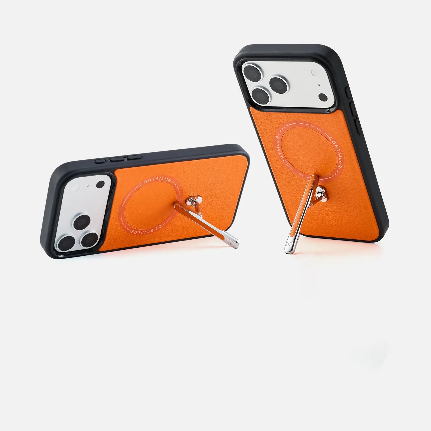 Orange CORTAILOR Kickstand Leather MagSafe iPhone Case supporting iPhone in portrait and landscape stand modes