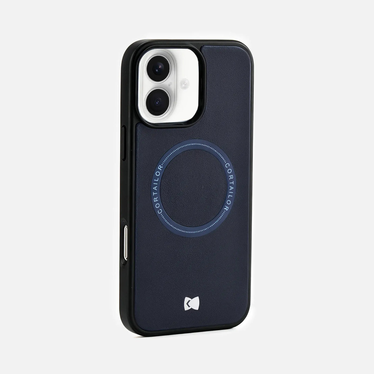 Navy CORTAILOR MagSafe leather iPhone case back view with camera cutout