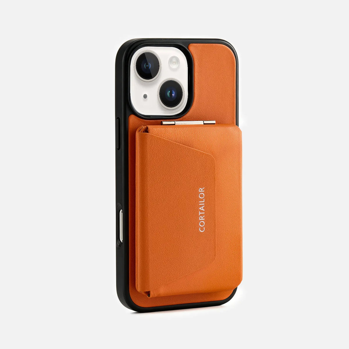 Orange CORTAILOR MagSafe wallet stand attached to a leather iPhone case