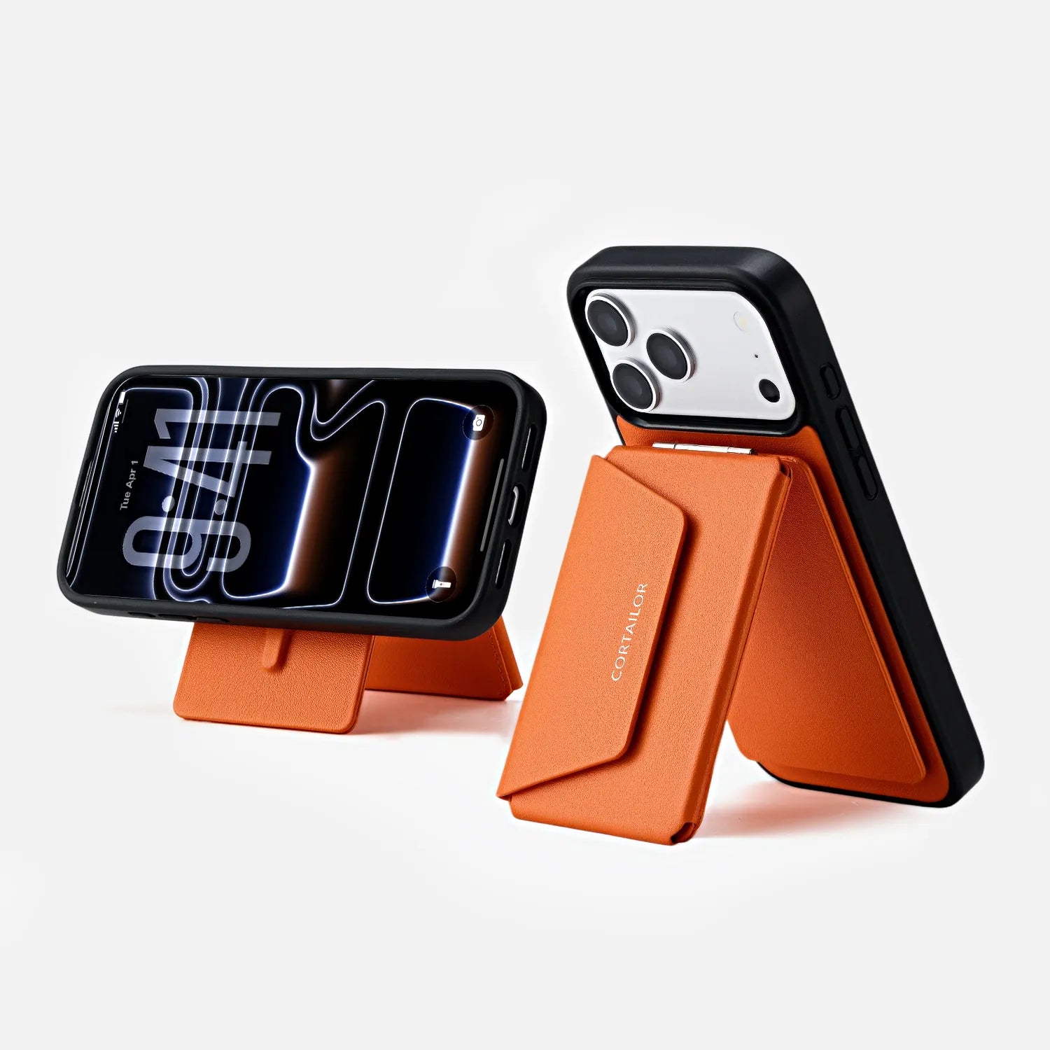 Orange CORTAILOR MagSafe Leather Wallet Stand being placed into a daily carry bag