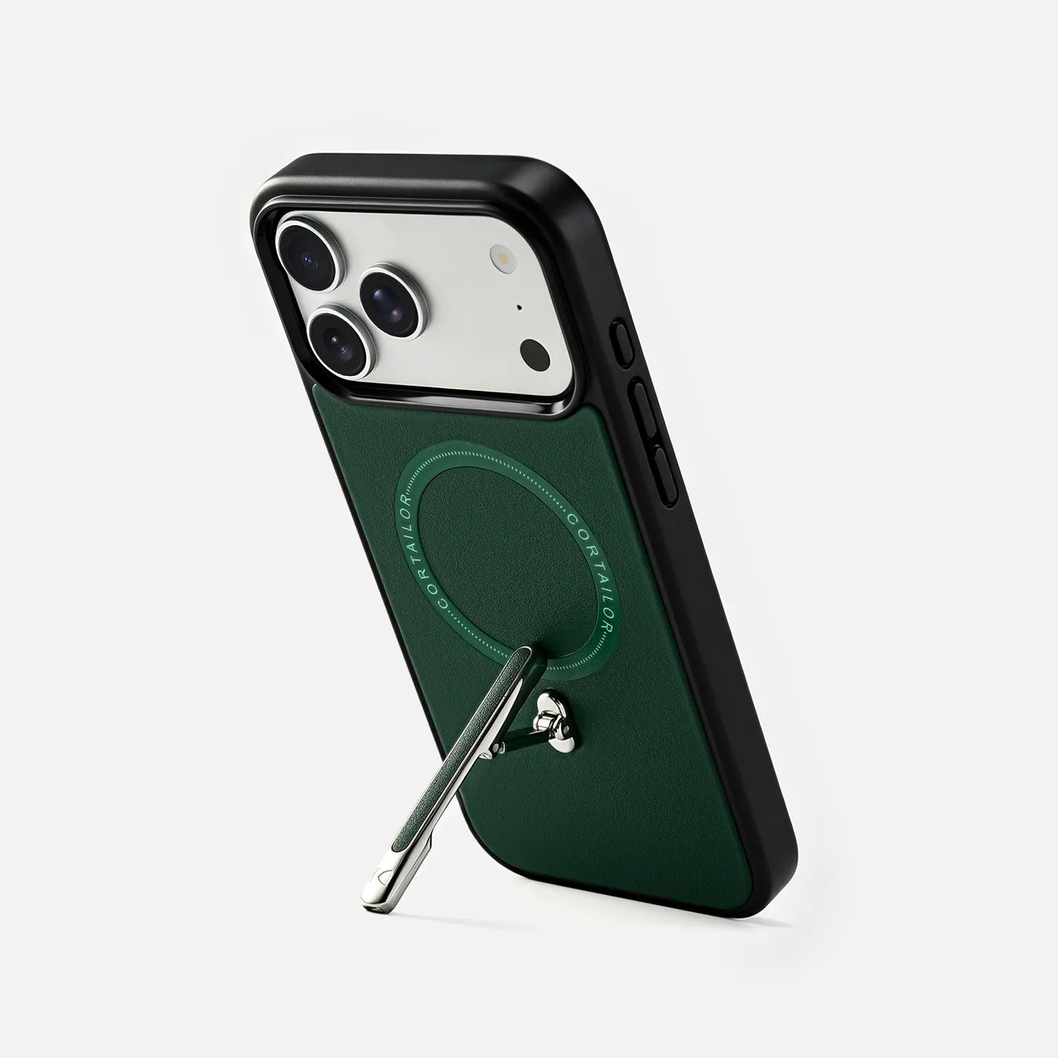 Green CORTAILOR Kickstand Leather MagSafe iPhone Case supporting an iPhone in portrait stand mode