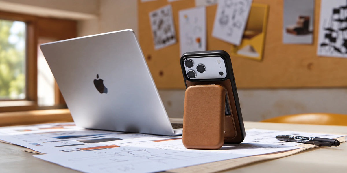 Orange CORTAILOR MagSafe leather wallet stand and matching iPhone case